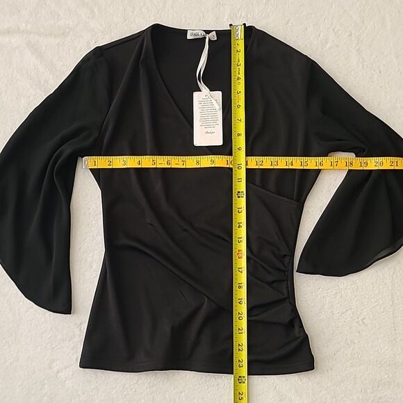 Grace Karin NWT Black Wrap Blouse 3/4 Cut Out Bell Sleeves Small Ruched Top - Picture 3 of 7